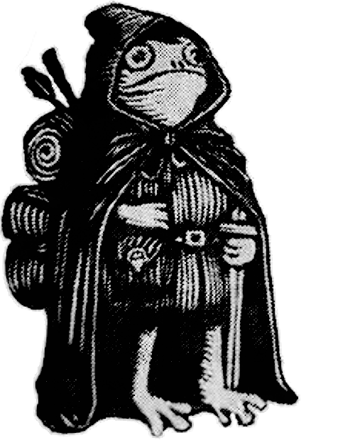A cloaked frog adventurer with a pack, arrows and a sword